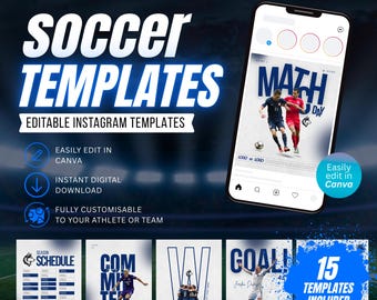 Soccer Social Media Templates: 15 Instagram designs fully customisable in Canva - Digital Download Only