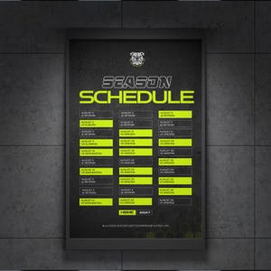 May include: A black poster featuring a Bulldogs soccer season schedule with neon green accents. The text reads SEASON SCHEDULE, Bulldogs Soccer 2027 Conference Match Ups, and lists various games against teams like Georgia, Auburn, and Arizona.