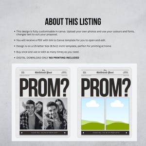 Pu&ograve; includere: Modello digitale di proposta per il ballo scolastico. Il design presenta un layout in stile giornale con il titolo "PROM?" e spazio per le foto. Il modello &egrave; personalizzabile in Canva e misura 21,59 x 27,94 cm.