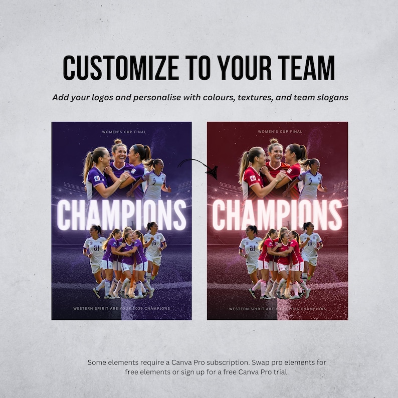 K&ouml;nnte beinhalten: Werbegrafik mit dem Text &bdquo;CUSTOMIZE TO YOUR TEAM&ldquo;. Sie zeigt zwei Mockups einer Fu&szlig;ballmannschaft, die feiert, mit dem Wort &bdquo;CHAMPIONS&ldquo; in gro&szlig;en, leuchtenden Buchstaben. Der Text &bdquo;WOMEN'S CUP FINAL&ldquo; ist ebenfalls sichtbar.