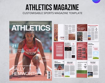Athletics Magazine Newsletter Template, Canva Layout (Digital Download A4 Size)