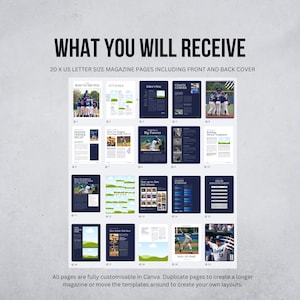 May include: A layout of 20 US letter-size magazine pages with a dark blue and white design. The pages include baseball-themed articles, photos, and the text "WHAT YOU WILL RECEIVE". The pages are customizable in Canva.