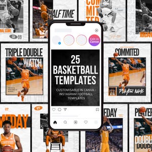 Może przedstawiać: Cyfrowy zestaw 25 szablonów koszykarskich do mediów społecznościowych, z centralnym interfejsem smartfona wyświetlającym tekst 25 BASKETBALL TEMPLATES, otoczony różnymi zdjęciami akcji koszykarzy w pomarańczowych strojach na białym tle.