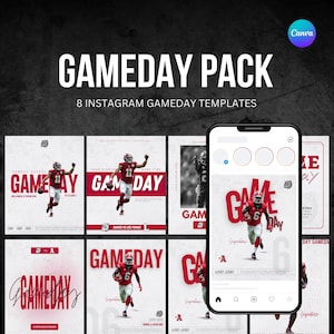Peut inclure: Image promotionnelle pour un pack Gameday, comprenant 8 modèles Instagram. Le design utilise des graphiques rouges et blancs avec des joueurs de football, le texte "GAMEDAY" et le logo Canva. Un smartphone affiche un modèle.