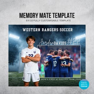 May include: A digital 8 x 10 memory mate template for Western Rangers Soccer featuring a portrait of a player in a white uniform and a team photo. The design includes the text Jordan Davies #22 and Men's First XI Soccer Team 2028.