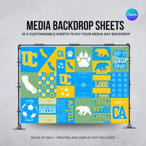 May include: A blue and yellow media backdrop sheet with various graphics, including a paw print, bear, soccer ball, and the text "UC" and "CA". The backdrop is displayed on a black stand. The text "MEDIA BACKDROP SHEETS" is at the top.