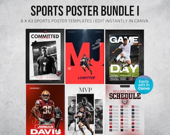 Sports Poster Templates Bundle | 6 x A3 Templates | Edit in Canva | Athlete Posters | Digital Download