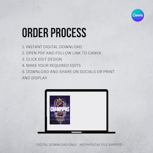K&ouml;nnte beinhalten: Eine digitale Grafik mit dem Text "ORDER PROCESS" und Schritten zum Herunterladen und Bearbeiten eines Designs. Ein Laptop zeigt eine "CHAMPIONS"-Grafik an. Das Canva-Logo befindet sich in der oberen rechten Ecke. Der Text "DIGITAL DOWNLOAD ONLY - NO PHYSICAL FILE SHIPPED" steht unten.