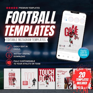 May include: A digital collection of 20 editable Instagram templates for football, featuring bold red and white text. The designs include graphics of players, game day layouts, and season schedules, all customizable for athletes or teams in Canva.