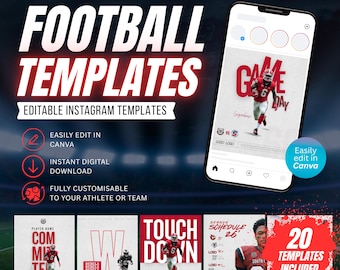 May include: A digital collection of 20 editable Instagram templates for football, featuring bold red and white text. The designs include graphics of players, game day layouts, and season schedules, all customizable for athletes or teams in Canva.