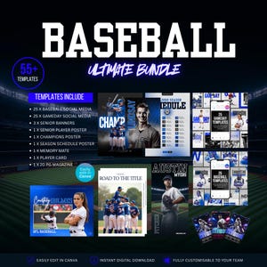 Op de afbeelding: Een baseball-sjabloonbundel met 55 ontwerpen voor sociale media, banners, posters en spelerskaarten. De afbeelding toont diverse lay-outs met honkbalafbeeldingen, tekst en spelerfoto's tegen een donkere achtergrond van een stadion.