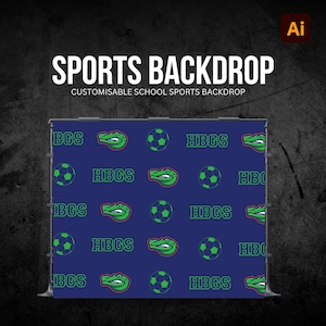 May include: A customizable school sports backdrop with the text "SPORTS BACKDROP". The backdrop features a dark blue background with green soccer balls and alligator graphics. The text "BGS" and "HBGS" are also visible.