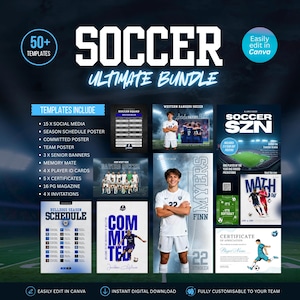 Puede incluir: Un paquete digital de más de 50 plantillas de fútbol con el texto SOCCER ULTIMATE BUNDLE. Incluye diseños para redes sociales, calendarios de temporada, pósteres de equipo, pancartas, tarjetas de jugador, certificados y plantillas para Canva.