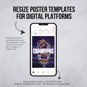 K&ouml;nnte beinhalten: Ein Smartphone zeigt eine digitale Postervorlage mit dem Wort "CHAMPIONS" und einem Teamfoto. Das Telefon ist schwarz mit einem wei&szlig;en Bildschirm. Der Text "RESIZE POSTER TEMPLATES FOR DIGITAL PLATFORMS" steht oben. Das Poster hat das Format A3.