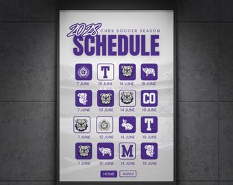 Puede incluir: Un póster del calendario de la temporada de fútbol 2028 de los Cubs con una cuadrícula de iconos morados con varios gráficos de animales y letras, fechas en junio y una leyenda en la parte inferior con Home y Away, sobre un fondo gris claro.