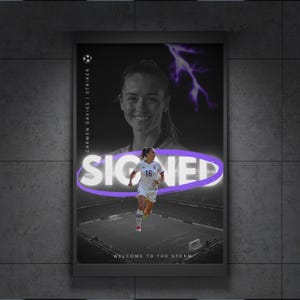 May include: A vertical poster featuring a soccer player in a white jersey with the number 16, running on a field. The text reads CARMEN DAVIES | STRIKER, SIGNED, and WELCOME TO THE STORM. A purple lightning bolt and a purple oval graphic are visible.