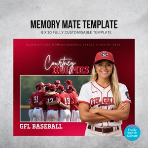 Peut inclure: Un modèle numérique memory mate pour une impression de 20 x 25 cm avec un thème de baseball rouge et blanc. Le design inclut le texte MEMORY MATE TEMPLATE, GEORGIA FLAGS WOMENS BASEBALL LEAGUE CLASS OF 2028, Courtney Holmes et GFL BASEBALL.