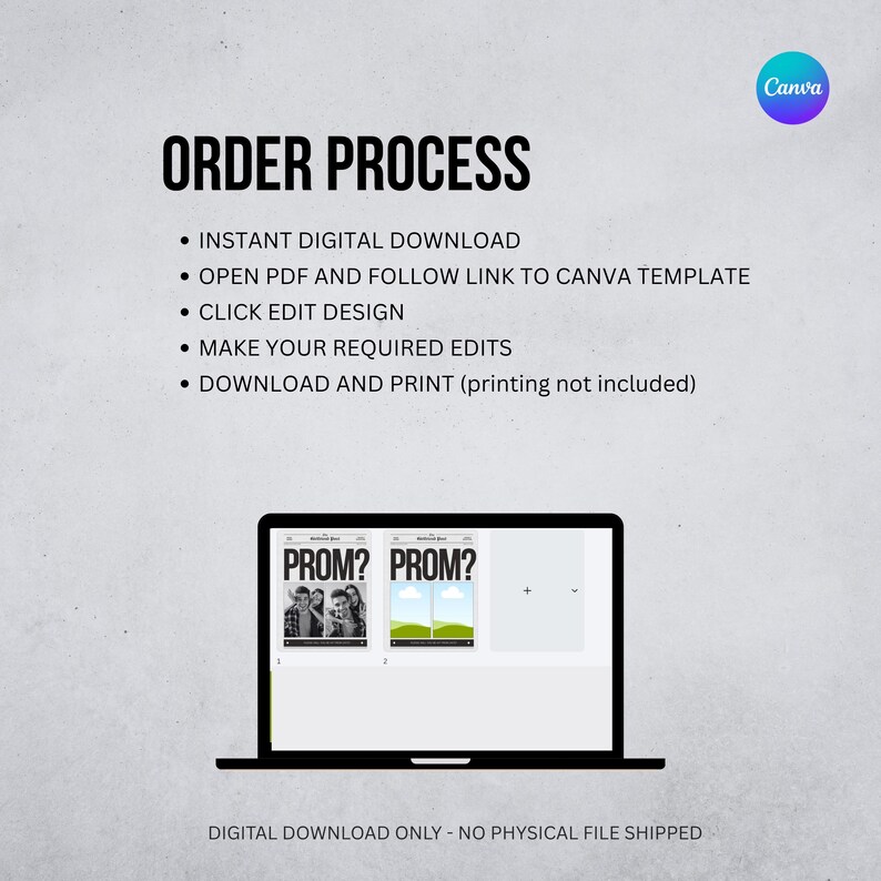 Pu&ograve; includere: Grafica che mostra il processo di ordinazione per un download digitale. Un laptop mostra poster "PROM?". Il logo Canva &egrave; visibile. Il testo "SOLO DOWNLOAD DIGITALE - NESSUN FILE FISICO SPEDITO" &egrave; in basso.