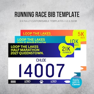 Może przedstawiać: Trzy prostokątne szablony numerów startowych o wymiarach 13 x 21 cm. Projekty zawierają tekst LOOP THE LAKES HALF MARATHON 2027 QUEENSTOWN, imię CHLOE, numer 14007 oraz etykiety 5K, 10K lub 21K RUNNER w kolorze pomarańczowym, niebieskim i ciemnoniebieskim.