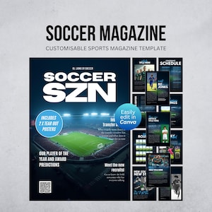 May include: A customisable sports magazine template titled Soccer Szn featuring a large stadium graphic, text overlays, and multiple page layouts. The design includes sections for player profiles, schedules, and award predictions with a QR code.