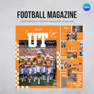 May include: A football magazine template with an orange and white color scheme. The cover features the text "FOOTBALL MAGAZINE" and "UT" in large white letters. The magazine includes images of football players and articles.