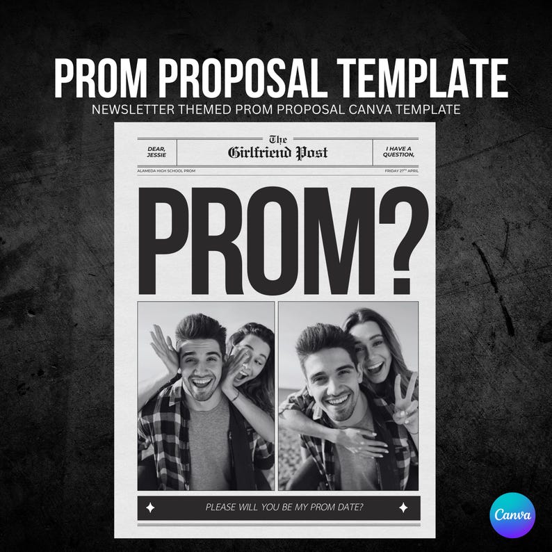 Pu&ograve; includere: Un modello di proposta per il ballo scolastico in bianco e nero con il testo "PROM PROPOSAL TEMPLATE" e "NEWSLETTER THEMED PROM PROPOSAL CANVA TEMPLATE". Il modello include il testo "PROM?" e foto di persone sorridenti. Il fondo recita "PLEASE WILL YOU BE MY PROM DATE?"