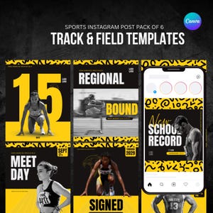 May include: A pack of six track and field Instagram post templates. The templates feature athletes in action, bold text, and a black and yellow color scheme. Text includes "Regional Bound", "Meet Day", and "New School Record".