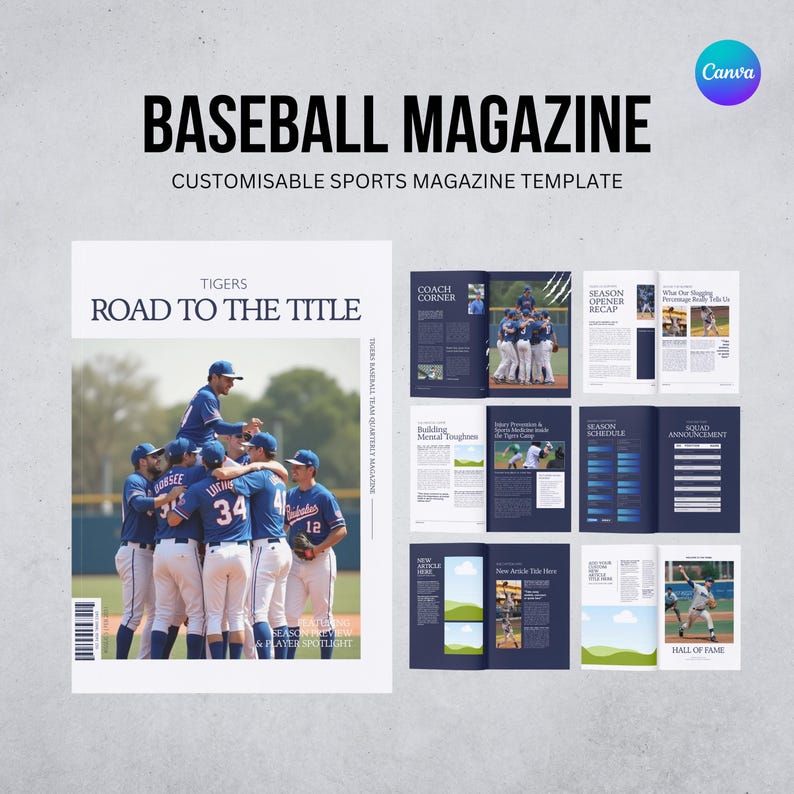May include: A template for a baseball magazine, featuring the title "Baseball Magazine" and the tagline "Customisable Sports Magazine Template." The cover shows a baseball team. Inside, there are articles and a schedule. The Canva logo is visible.