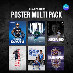 Może przedstawiać: Zestaw sześciu plakatów A3 o tematyce sportowej. Plakaty przedstawiają sportowców w futbolu amerykańskim, hokeju i piłce nożnej, z tekstami takimi jak "Committed", "Signed" i "Champions". Plakaty mają ciemne tło z napisem "Poster Multi Pack".