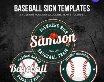 Plantillas para letreros de béisbol para puertas y casilleros: 3 diseños de Canva totalmente personalizables, solo descarga digital.