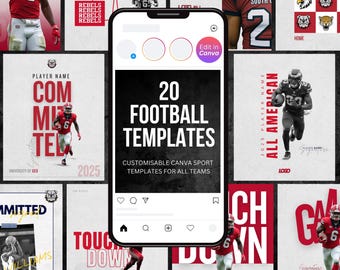 Può includere: Uno schermo di smartphone che mostra un post sui social media con il testo 20 FOOTBALL TEMPLATES CUSTOMISABLE CANVA SPORT TEMPLATES FOR ALL TEAMS, circondato da vari layout di design grafico con giocatori di football americano e loghi.