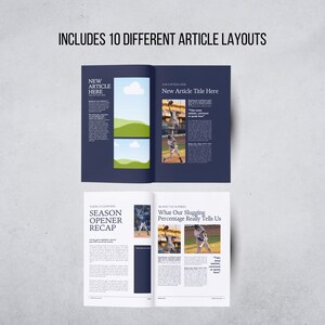 May include: A design layout displaying 10 different article layouts. The design features dark blue pages with white text and images. The text includes "New Article Here", "Season Opener Recap", and "What Our Slugging Percentage Really Tells Us".
