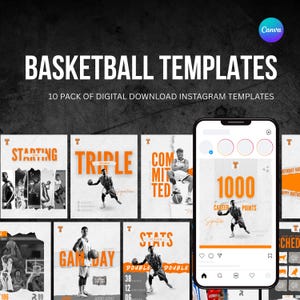 Puede incluir: Un producto de descarga digital con plantillas de Instagram con temática de baloncesto. Las plantillas tienen una combinación de colores negro y naranja e incluyen gráficos de jugadores de baloncesto y estadísticas del juego. Se muestra el texto "BASKETBALL TEMPLATES".