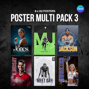 May include: A set of six A3 posters featuring athletes. The posters showcase sports such as tennis, football, swimming, baseball, track, and cheerleading. Each poster includes a name and team details. The text "POSTER MULTI PACK 3" is displayed at the top.