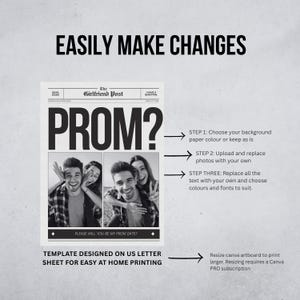 Pu&ograve; includere: Modello in stile giornale in bianco e nero con il titolo "PROM?" e foto di persone sorridenti. Le istruzioni includono la modifica del colore di sfondo, il caricamento di foto e la sostituzione del testo. Progettato per la stampa su foglio US Letter.