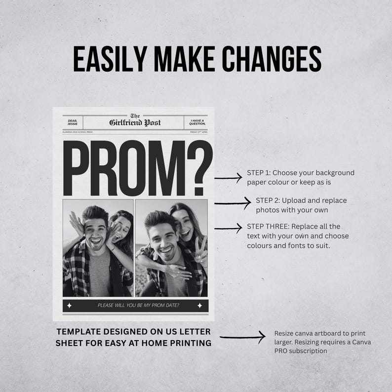 Pu&ograve; includere: Modello in stile giornale in bianco e nero con il titolo "PROM?" e foto di persone sorridenti. Le istruzioni includono la modifica del colore di sfondo, il caricamento di foto e la sostituzione del testo. Progettato per la stampa su foglio US Letter.