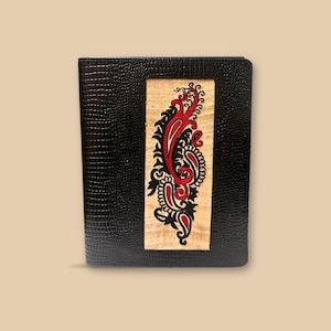 Handcrafted Black Croc & Red Paisley Embroidery Document Organizer | Leather Business Portfolio
