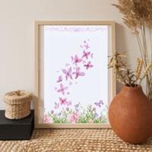 Pink Butterfly Wall Art Printable, Floral Nature Digital Download, Botanical Butterfly Print, Girls Room Decor