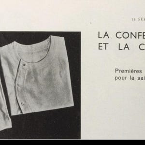 Pu&ograve; includere: Una pubblicit&agrave; vintage in bianco e nero con due camicie e testo. Una &egrave; una camicia con bottoni, l'altra un girocollo con un bottone. Il testo recita "LA CONFECTION ET LA CHEMISE" e "Premi&egrave;res nouveaut&eacute;s pour la saison d'Hiver."