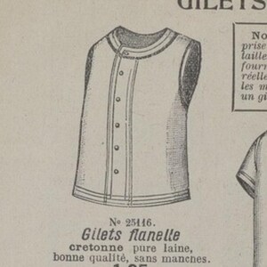 Pu&ograve; includere: Illustrazione di un gilet senza maniche con bottoni. Il gilet ha uno scollo tondo ed &egrave; etichettato come "Gilets flanelle" con il numero 25116. Il testo sottostante descrive il gilet come cretonne di pura lana, di buona qualit&agrave; e senza maniche.