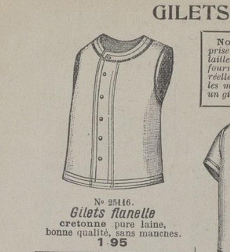 Pu&ograve; includere: Illustrazione di un gilet senza maniche con bottoni. Il gilet ha uno scollo tondo ed &egrave; etichettato come "Gilets flanelle" con il numero 25116. Il testo sottostante descrive il gilet come cretonne di pura lana, di buona qualit&agrave; e senza maniche.