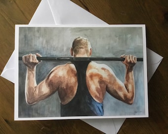 May include: Watercolour painting of a person lifting a barbell. The person is facing away from the viewer and is wearing a black tank top. The background is a light grey.
