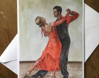 May include: A watercolor painting of a couple dancing ballroom. The woman is wearing a red dress and the man is wearing a black suit. They are both smiling and looking at each other.