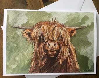Highland Cow Coo Art Greetings Card- Blank Inside