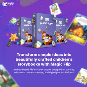 Könnte beinhalten: Drei lila Boxen mit der Aufschrift "MAGIC FLIP" und Illustrationen von Kindern, die Bilderbücher lesen. Das Bild enthält schwebende Bilderbuchseiten und einen sternförmigen Zauberstab. Der Text lautet: "Verwandeln Sie einfache Ideen in wunderschön gestaltete Kinderbilderbücher mit Magic Flip."