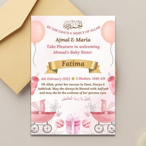 Muslimische Babymitteilung, Islamische Baby Geburt Ankunft, Bearbeitbare Baby Mädchen Karte, Personalisierte Muslimische Neugeborenen Ankunft, Bearbeitbare Canva Vorlage