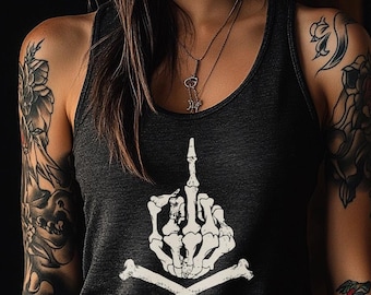 Middle Finger Skeleton - Tattoo Style Tri-blend Racerback Tank for Women (RAW EDGE & Slim Fit)