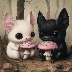 Mushroom Munchkins, schattige babyvleermuisjes, paddo's met glazuur en hagelslag, schattige, lieftallige matte goth-kunstposterprint