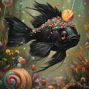 Könnte beinhalten: Ein schwarzer Fisch mit einem Bonbon-Lolli auf dem Kopf schwimmt in einer farbenfrohen Unterwasserlandschaft. Der Fisch ist mit bunten Streuseln bedeckt und von bonbonartigen Objekten umgeben.