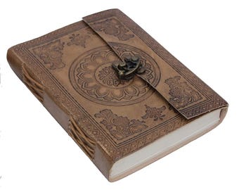 Leather Diary Writing Notebook Unique Handmade Embossed Travel Diary (Deckle Edge Paper Diary), 200 Pages